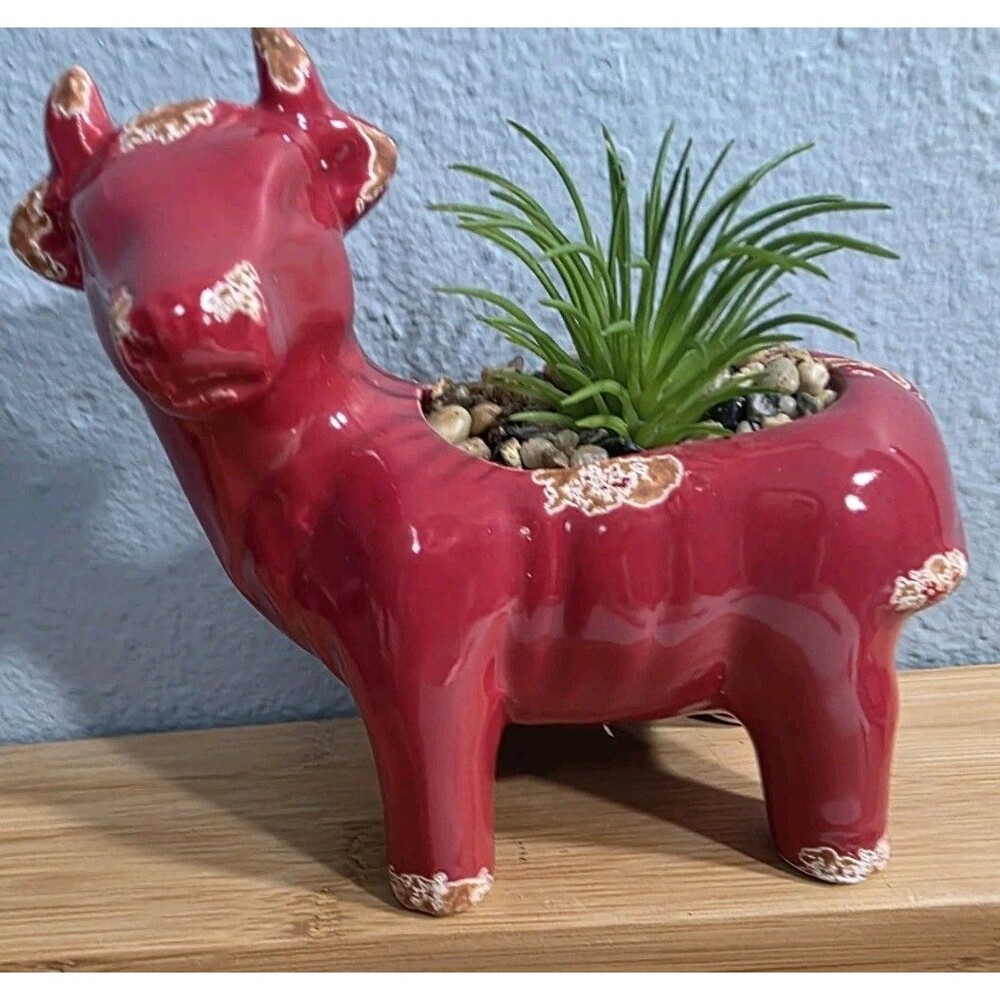 Red Bull Planter Faux Plants Rocks Distressed Rustic Ceramic Figurine 5"